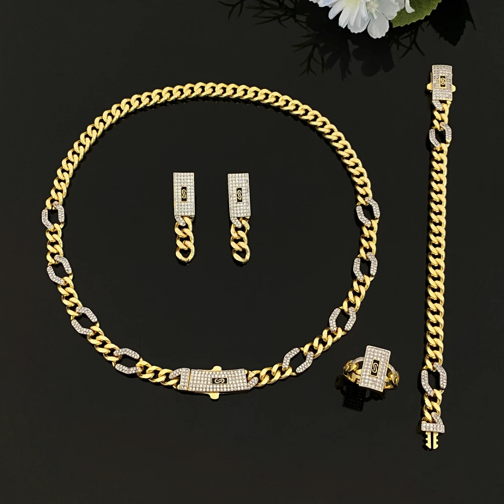 

JRH Gold-Plated Zirconia Chain Design Lightweight 4-Piece Jewelry Set Necklace Earrings Bracelet Ring Women's Stylish Accessorie