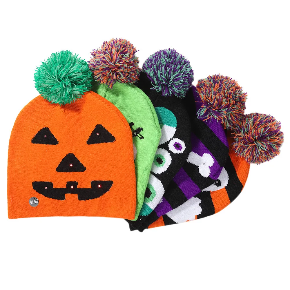 

Halloween Decorations Supplies Halloween Knitted Hat with LED Light Exquisite Pumpkin Skeleton Ghost Pattern Hat For Kids