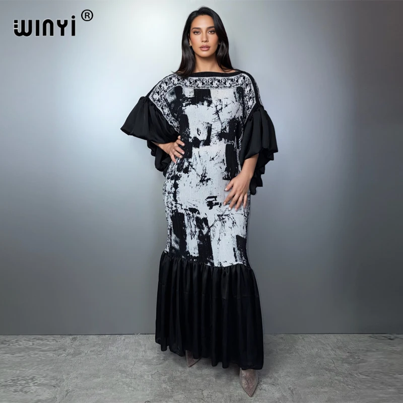 

WINYI Pleated Elastic puff(ed) sleeves dress holiday beach cover up maxi kaftan abaya dubai luxury party dresses evening dress
