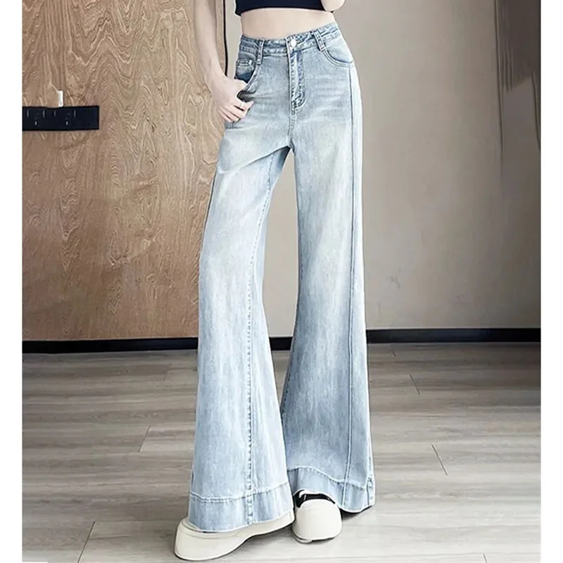 Ladies Solid Color Flared Cowboy Trousers Korean Women Non Stick Leg Jeans Autumn Femme High Waist Straight Tube Denim Pantalons