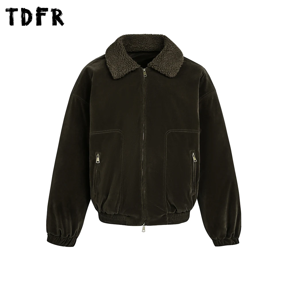

Retro Lapel Quilted Jacket Mens Winter Casual Zipper Pocket Loose Long Sleeve Suede Outerwear Man