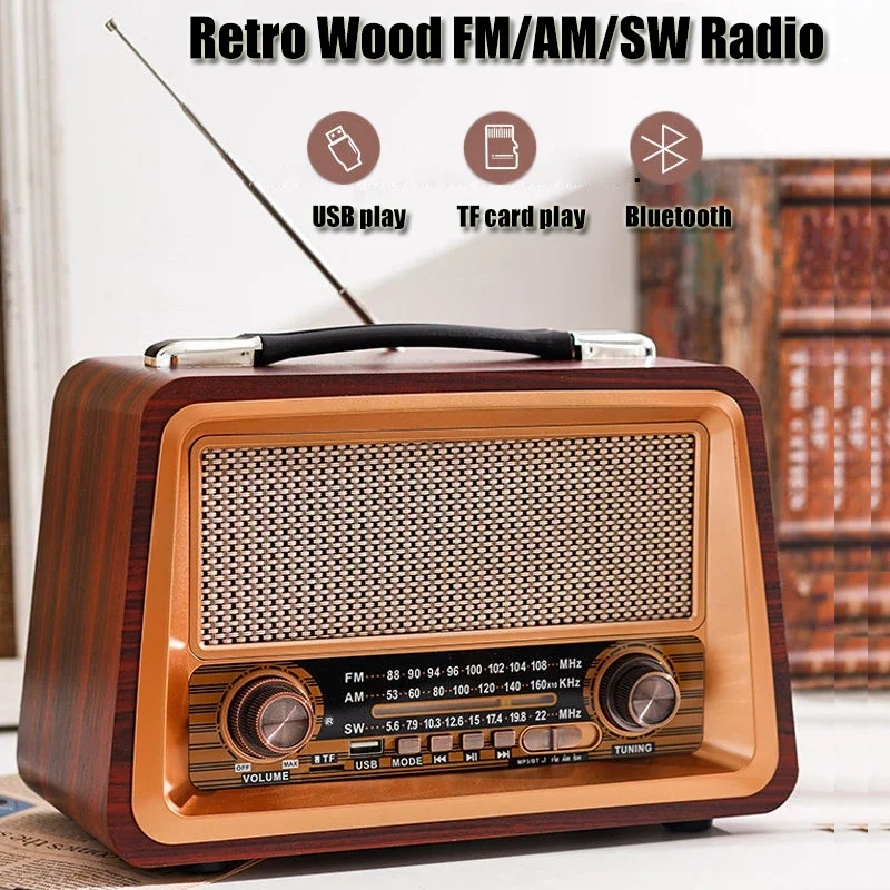 Handheld Retro Bluetooth Multifunction Wooden Box Radio Portable Radio Receiver AM FM SW Bluetooth Speaker AUX USB TF MP3 Mobile