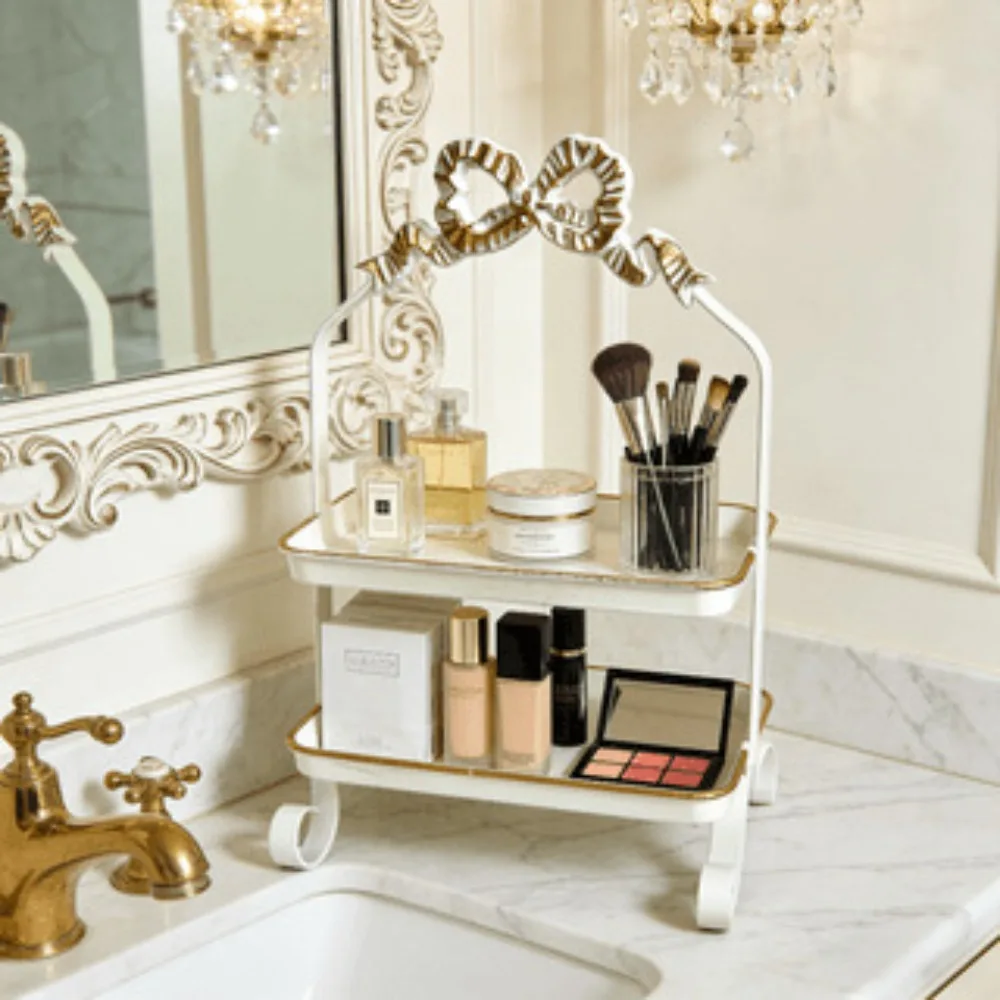 Luxuriöses Eisenkunst-Doppelschicht-Aufbewahrungsregal mit Schleifendekor im Vintage-Französischen Stil, Schminkorganizer für Badezimmer und Kommode