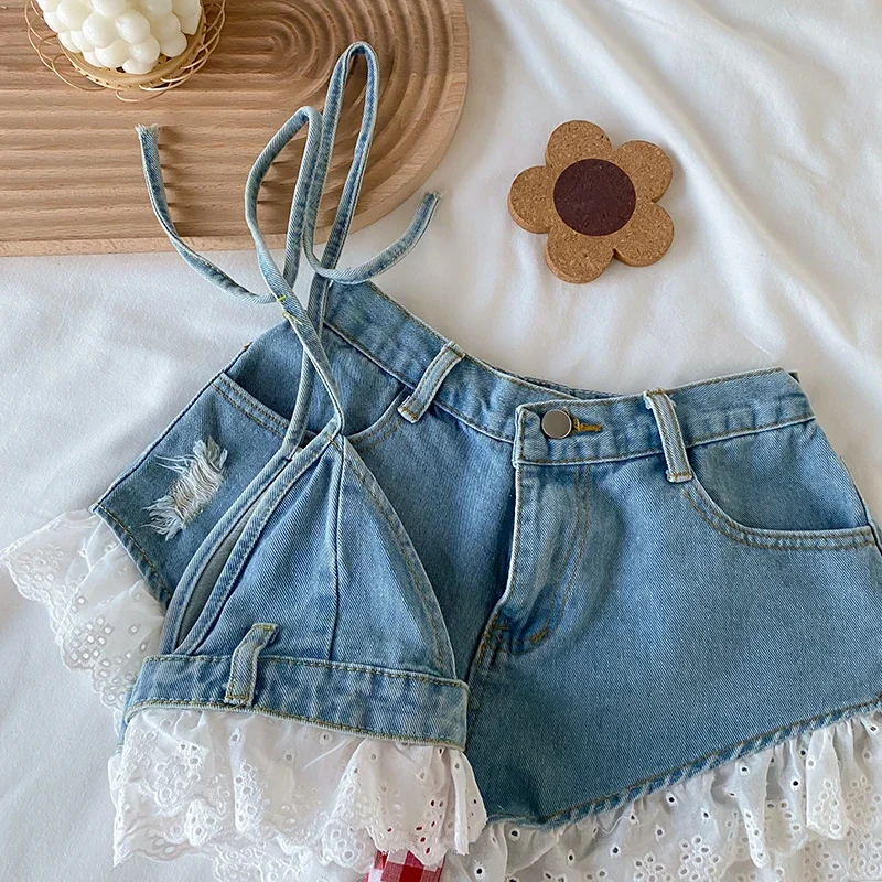 Conjuntos de shorts jeans estilo doce lolita para mulheres, bandagem sexy de renda, camisola, tops, jeans babados, calças curtas para meninas, 2 peças, verão