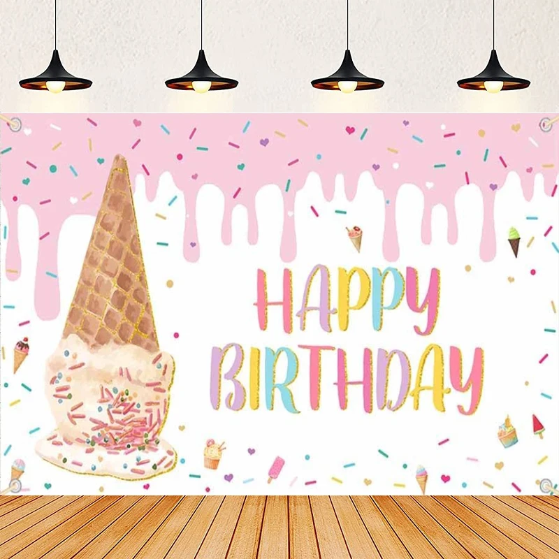 Photography Backdrop Ice Cream Poster Newborn Kids Happy Birthday Theme Background For Photo Shoot Girl Dessert Table Banner