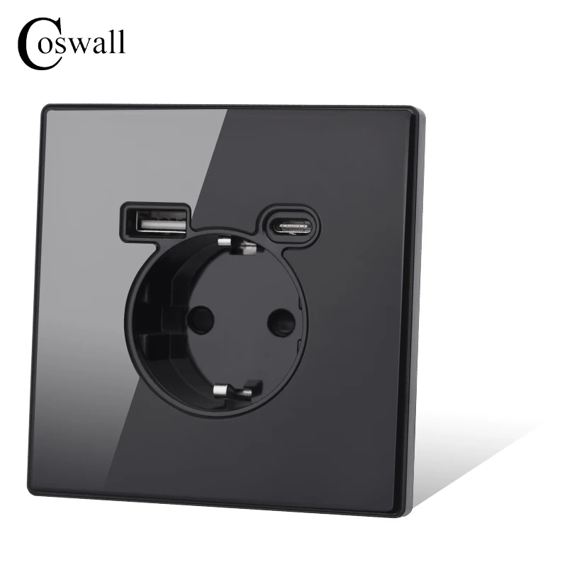 Coswall Glass Panel Full Screen Integrated EU Standard 16A Flame Retardant Wall Power Outlet With Type A-C 2usb Charging Port