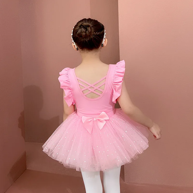 Artistic Skating Child Dresses Flutter Short Sleeve Girl Ballet Leotard Korea Princess Tutu Skirt Bow Knot Jersey Ballerina New