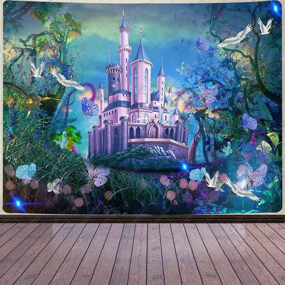 Fairy tale castle tapestry fantasy forest flying crane butterfly tapestry flannel landscape wall hanging