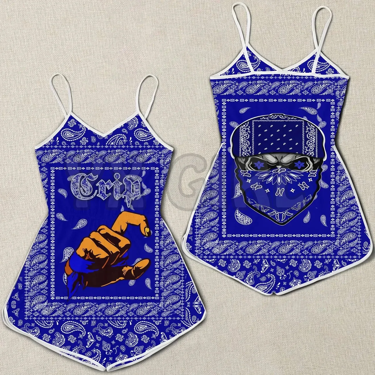 YX GIRL Crips Girl Romper Wanita Bandana Biru Romper Cetak 3D Seluruh Bagian Pakaian Bohemia Wanita Musim Panas