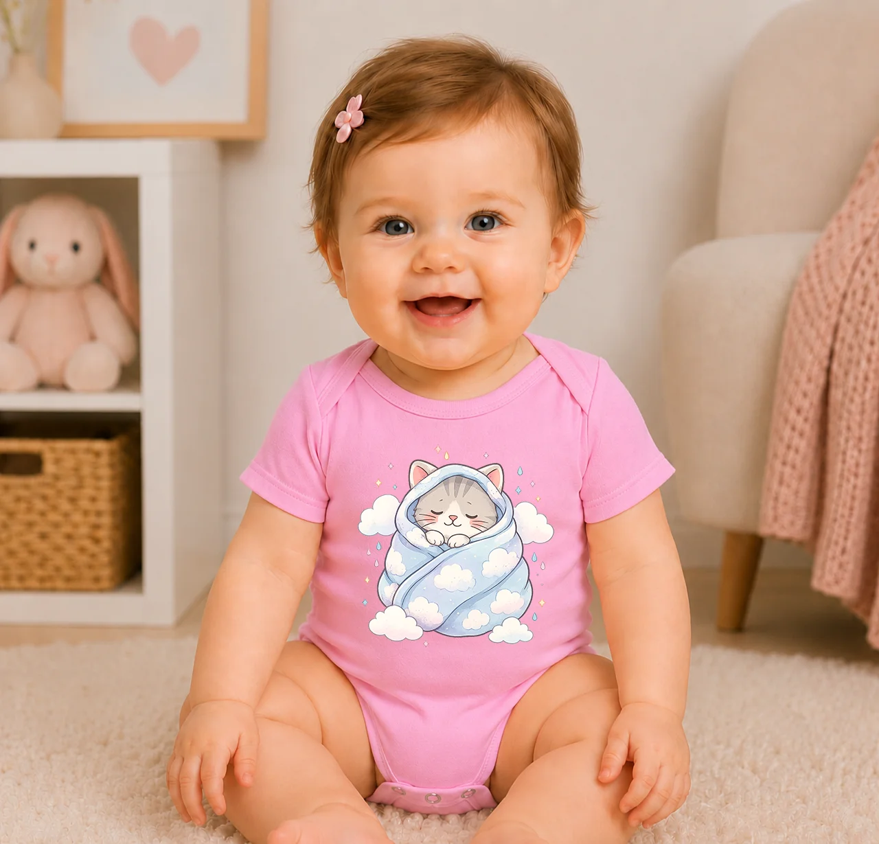 Cute Sleeping Kitten Cloud Print Baby Girl Bodysuit Pink Short Sleeve Newborn Romper Soft Cotton Infant Onesie Cartoon Cat Baby