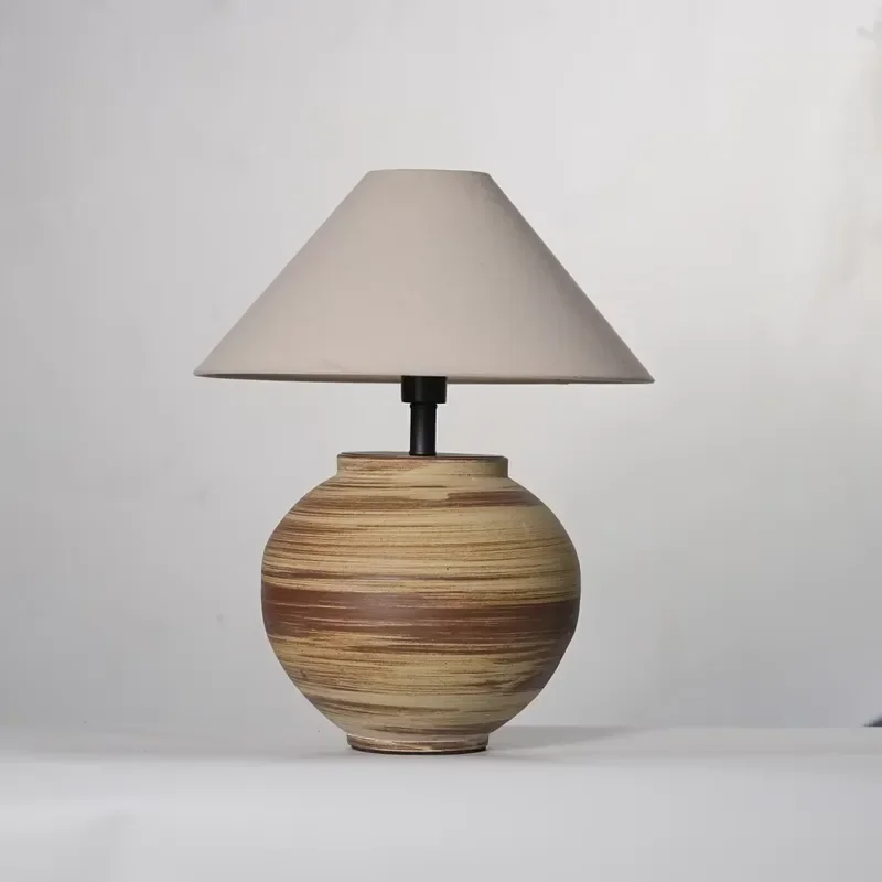 Jingdezhen Modern Woven Textured Ceramic Table Lamp Beige Linen Shade Remote Control Electric LED Nightstand Lamp for Bedroom