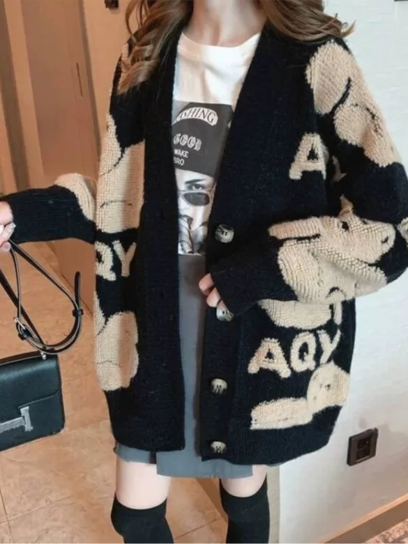 

Loose Knitted Sweater Coat Women's Autumn Winter Faion Lazy Korean Sle Long V-Ne Button-Up Thiened Cardigan Top
