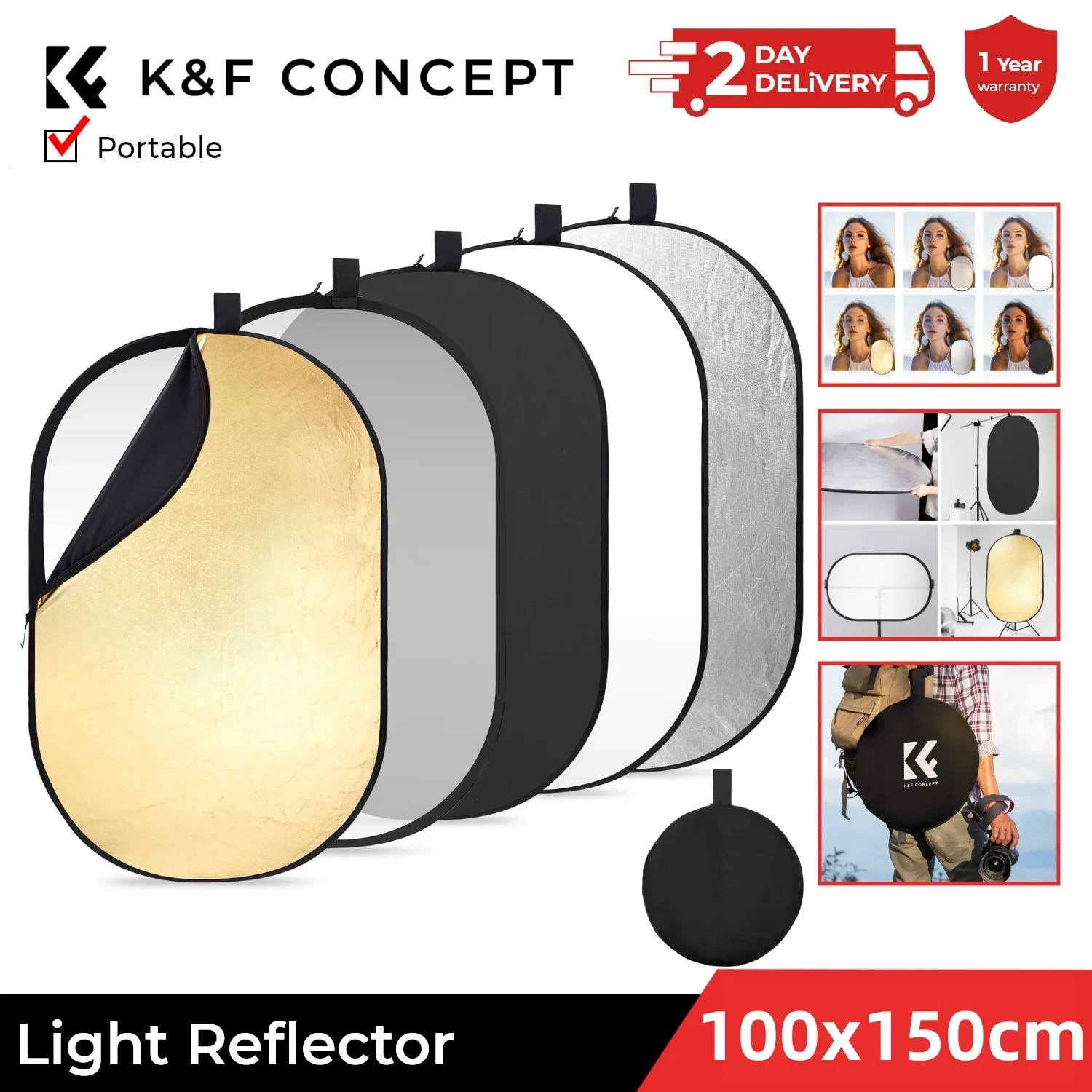 K&F CONCEPT 100x150cm/60x90cm 5-in-1 ovale fotografie lichtreflector met handvat, doorschijnend paneel, zachte stof, studio-reflector