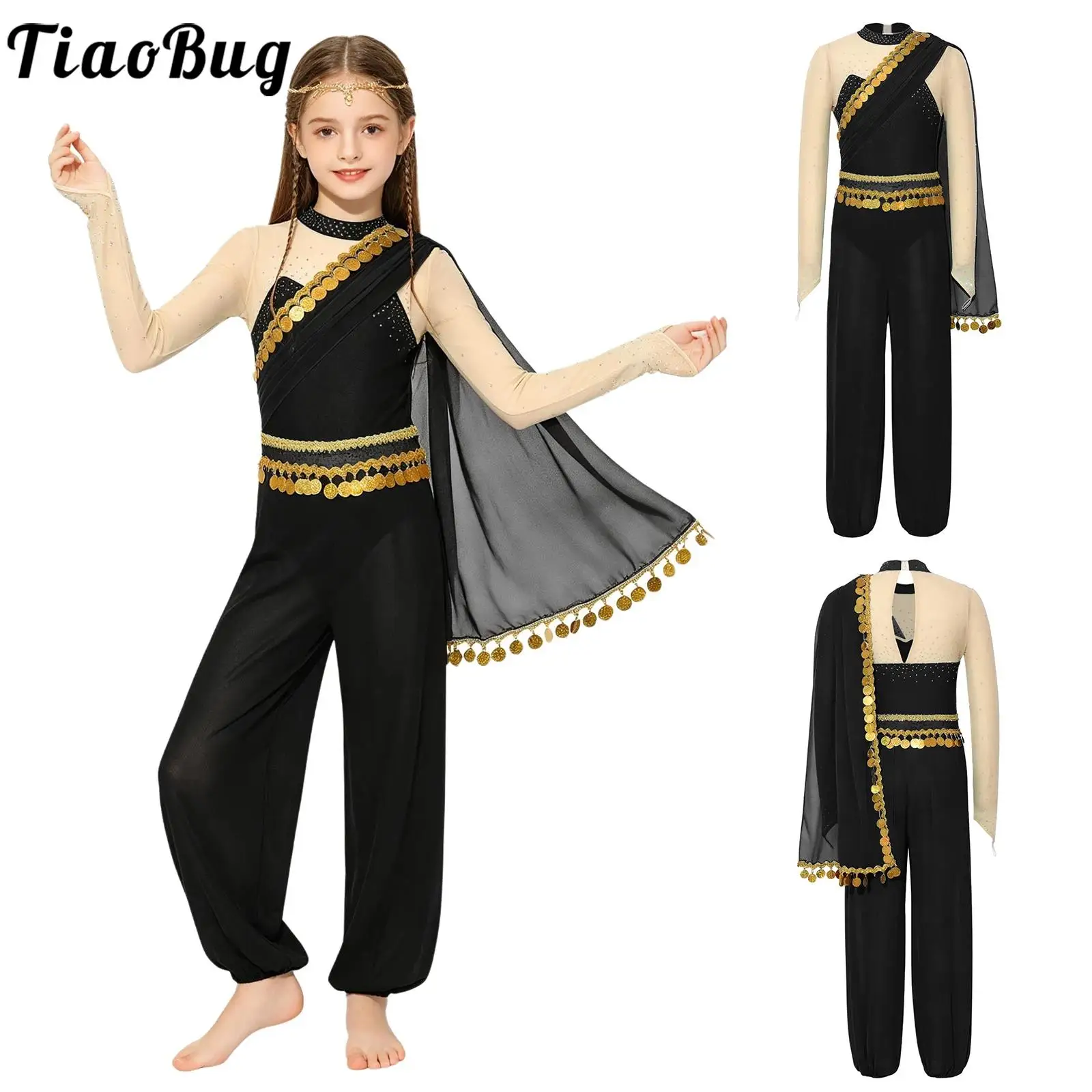 

Kids Girls Arab Princess Belly Costume Dance Dresses Sequin Tassels Drapey Jumpsuit Long Sleeve Mesh Rompers for Halloween Party