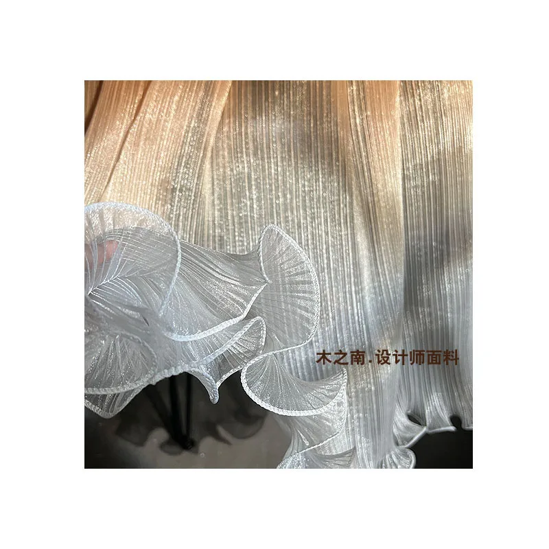 Gold Coffee Color Gradient Crushed Large Wavy Organza Fabric Pearlescent Dress Stage Performance Apparel Designer Sewing Cloth