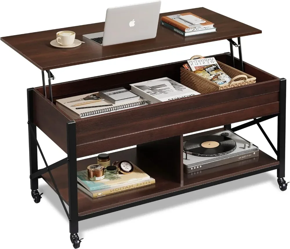 

Lift Top Coffee Table for Living Room, Coffee with Storage, Hidden Compartment and Metal Frame, Central