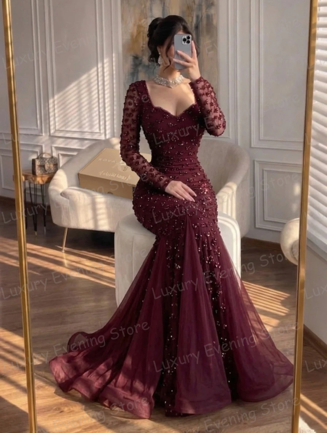 Simple Lace Evening Dresses Women's Mermaid Formal Long Sleeve Customized Prom Gowns Fashion Party Vestidos De Novia شارون سعي