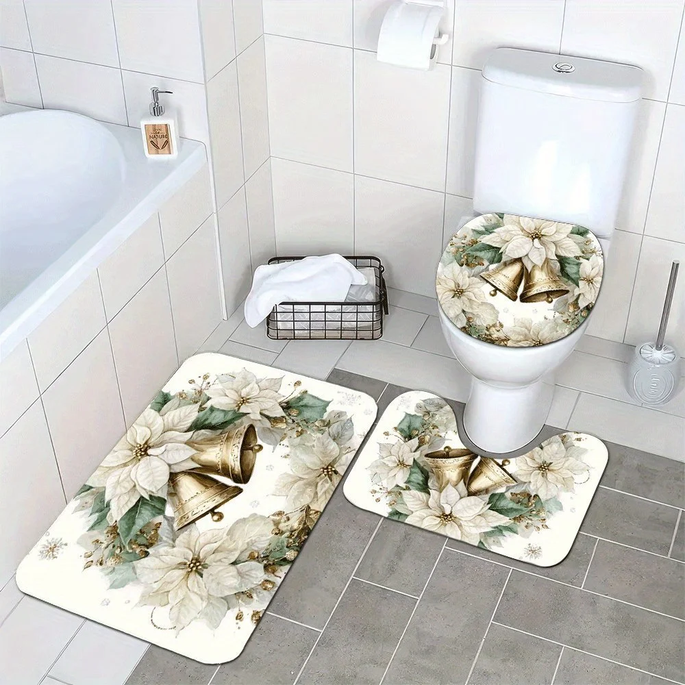 

3pcs Soft & Absorbent Plush Bath Mats Non-Slip, Washable, Comfortable, White Poinsettia Flowers White Christm