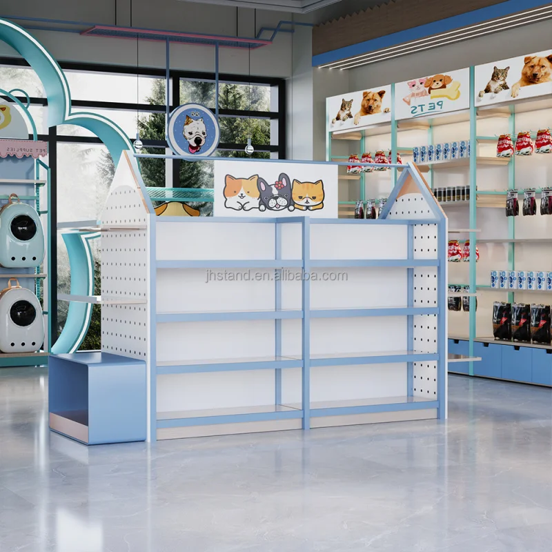 customized.Retail pet food toys shop display shelves snake counter popup store lovely blue color pets store interior design