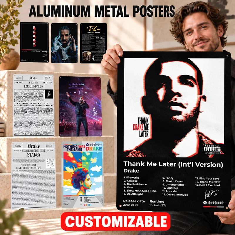 Drake Rapper Printed Posters Customized Aluminum Metal Sign Contemporary Hip Hop Style Wall Art For Music Room Collector Gift