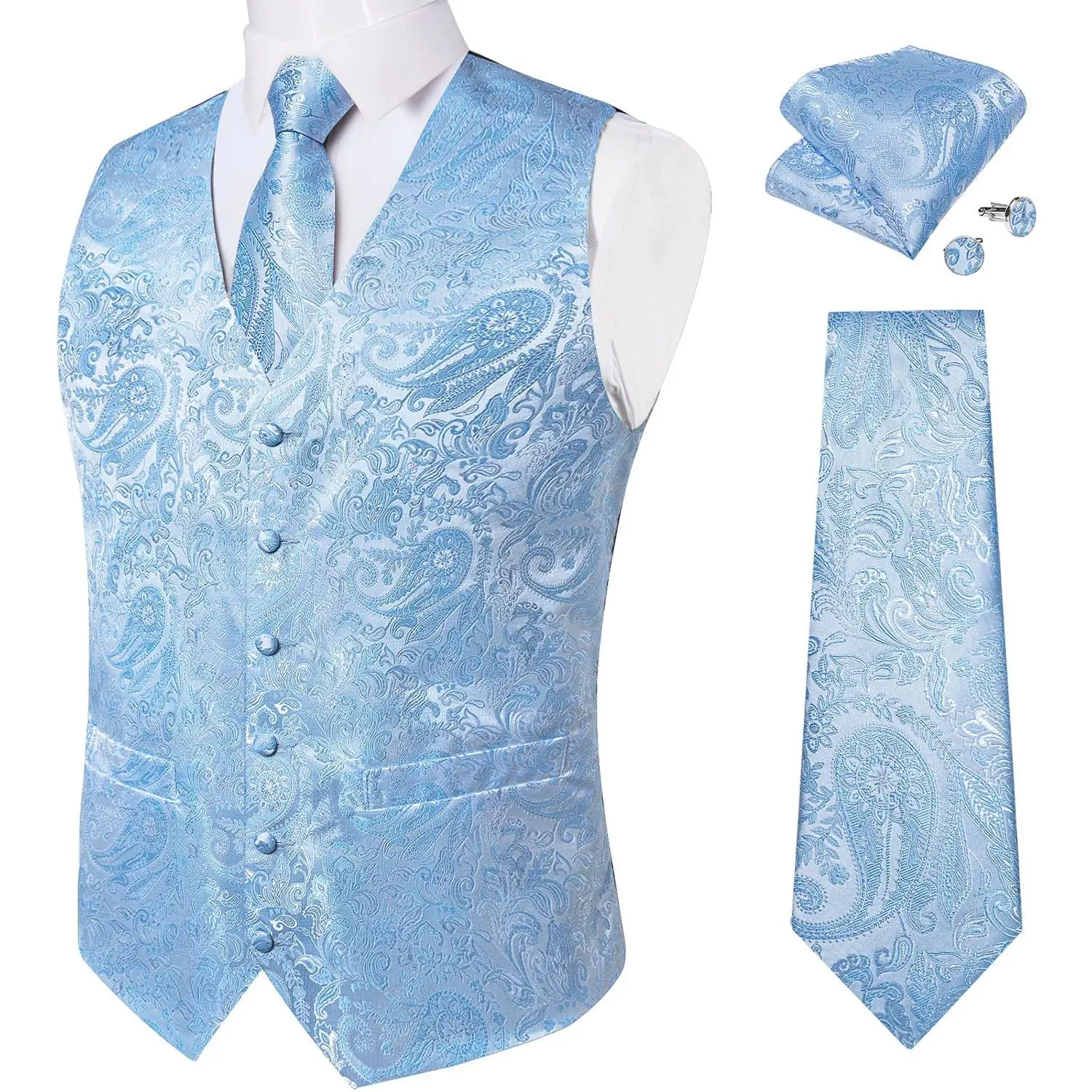 

Faion Light Blue Paisley Silk Vest for Men with Tie Handk Special Wide Fit Thi Sle Seven Sve Length Button Closure