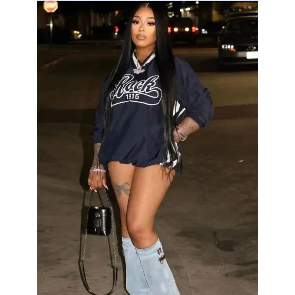 

Joskaa женский свитшот большого размера с v-образным вырезом, повседневный вязаный топ с буквенным принтом, свободный крой из смеси льна для осеннего сезона