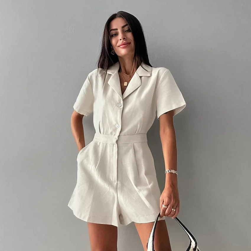 Uoozee Women's Linen Blend Playsuit 2026 New Summer Short Sleeves High Waisted Buttoned Pockets Commuter Casual Romper