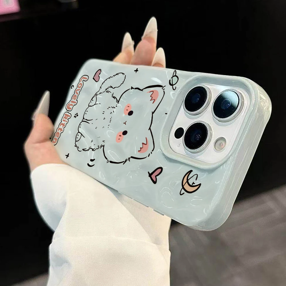 Niedliches Kätzchen-Design Weiche Silikon-Handyhülle für iPhone 17 16 15 14 13 12 11 Pro Max 14 Plus 17Air Falten-Wellen-Design – Detail 1