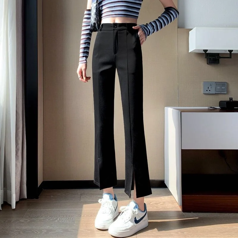 

OL Straight Pants Women Solid High Waist Casual Suit Trousers Black Pocket Zipper Office Pants Girls Y2k Streetwear Pantalones