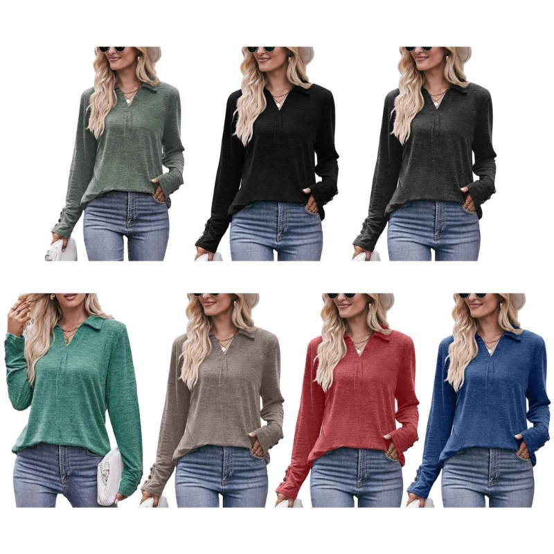 Women Casual Long Sleeve Polos Shirt Loose Neck Collared Blouses Tunics Tops Relaxed Fitting T-Shirt Fall T shirt Gift