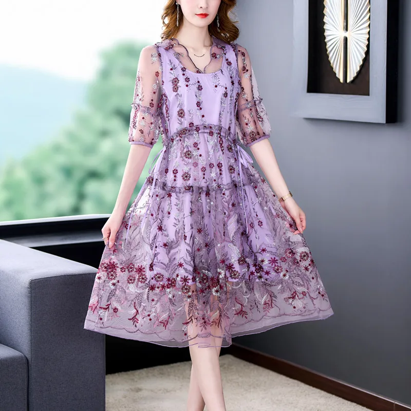 2022 Purple Embroidery Floral Mesh V-Neck Sexy Midi Dress Summer Boho Fashion Light Beach Dress Women Korean Elegant Loose Dress