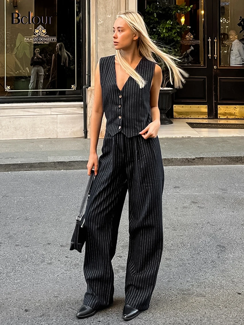 

Bclout Fashion Striped Black Pants Sets Womens 2 Pieces 2024 Summer V-Neck Office Lady Tops Vintage Pleated Straight Pants Suits