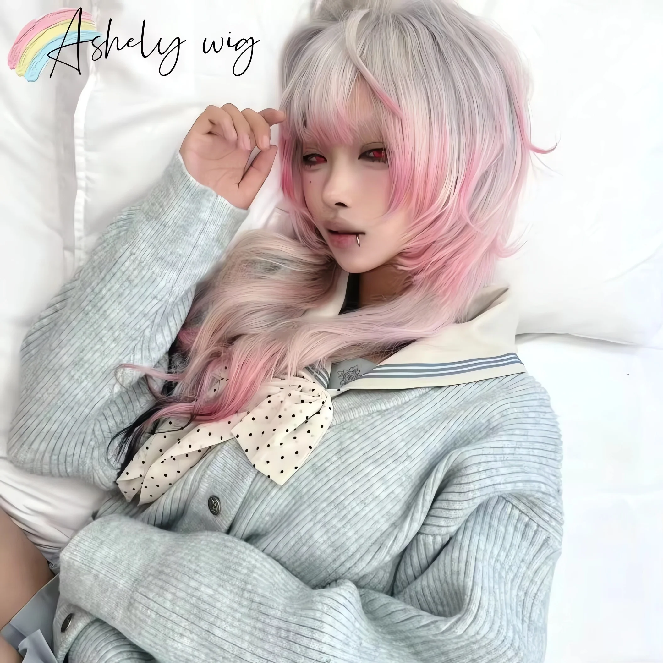 Ashely Wig Female Pink and White Highlights Jellyfish Long Curly Hair Cosplay Y2K High Level Simulation Headband Wig Sissy