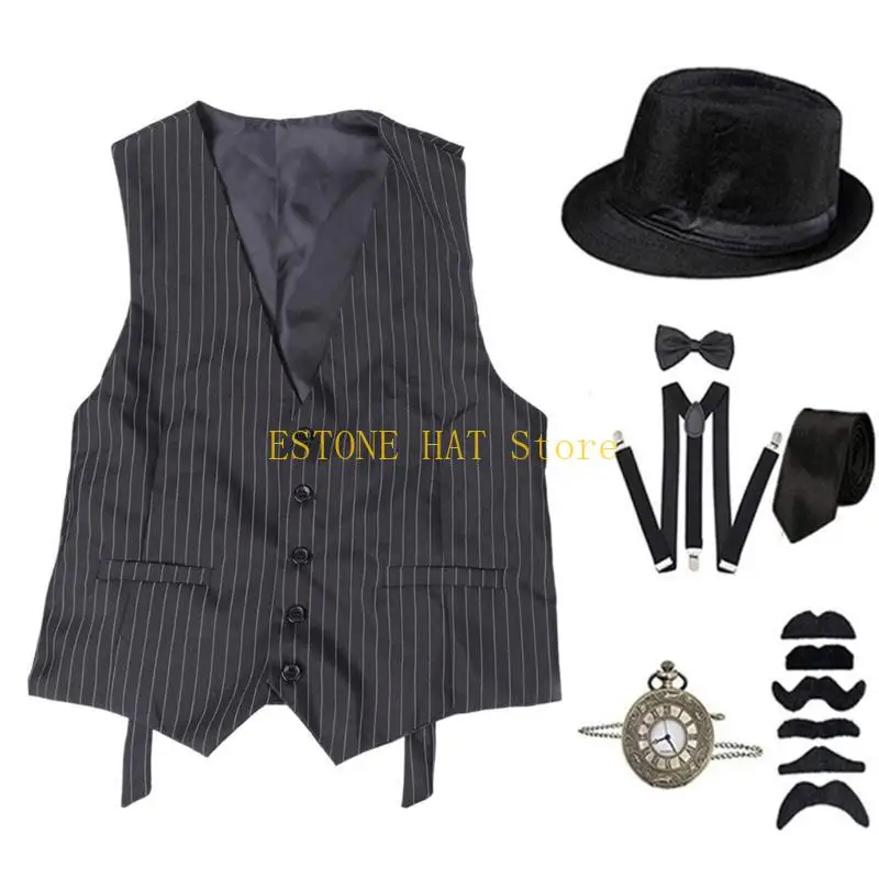 49MF 1920s Mens Costume Roaring 20s Outfit Accessories 1920s Men Mafia Costume 20s Gangsters Vest Hat Pocket Watch Suspenders