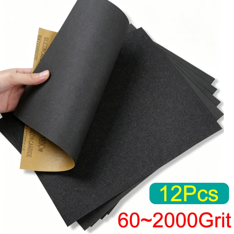 12 Pcs / Set Sandpaper 60/80/100/400/600/3000/800/1000/1200/1500/2000 Grit Sand Paper Water/Dry Sanding Paper Abrasive Tools