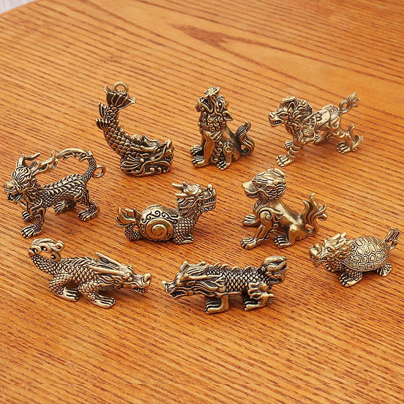 Longsheng Jiuzi Old Solid Accessories Pendant Canthus Gluttonous Table Decorative Ornaments Handle Playing Brass Crafts