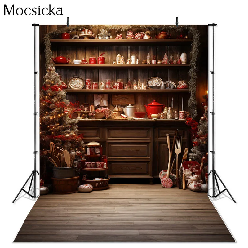 Mocsicka Christmas Photography Background Winter Indoor Kitchen Xmas Tree Kid Family Portrait Decor Backdrop Photo Studio