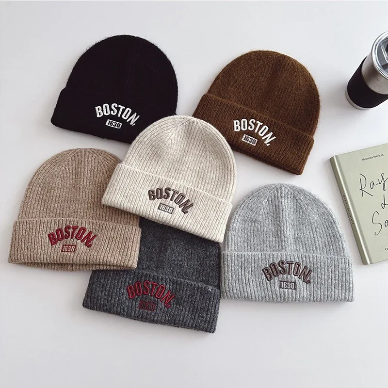 

Letter Embroidered Kids Beanie Cap Winter Warm Knitted Wool Hat for Boy Girl Korean Ins Solid Color Children Skullcap 3-10Y