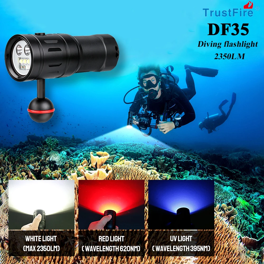 Trustfire DF35 Diving Flashlight IPX8 LED White Red Ultraviole Light Waterproof Powerful Super Bright+32650 Battery+UC10 Charger