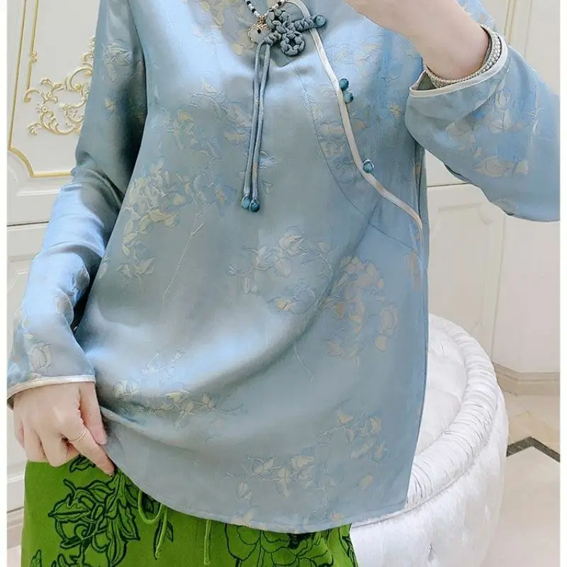 Spring Fall Women Chinese Style Floral Pattern Cheongsam Blue Top Shirt , Woman Vintage Fashion Imitation Silk Tops Shirts