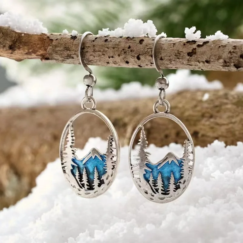 Creative Blue Glacier Forest River Pendant Drop Earring Vintage Alloy Mountain Women Jewelry Earring Gift