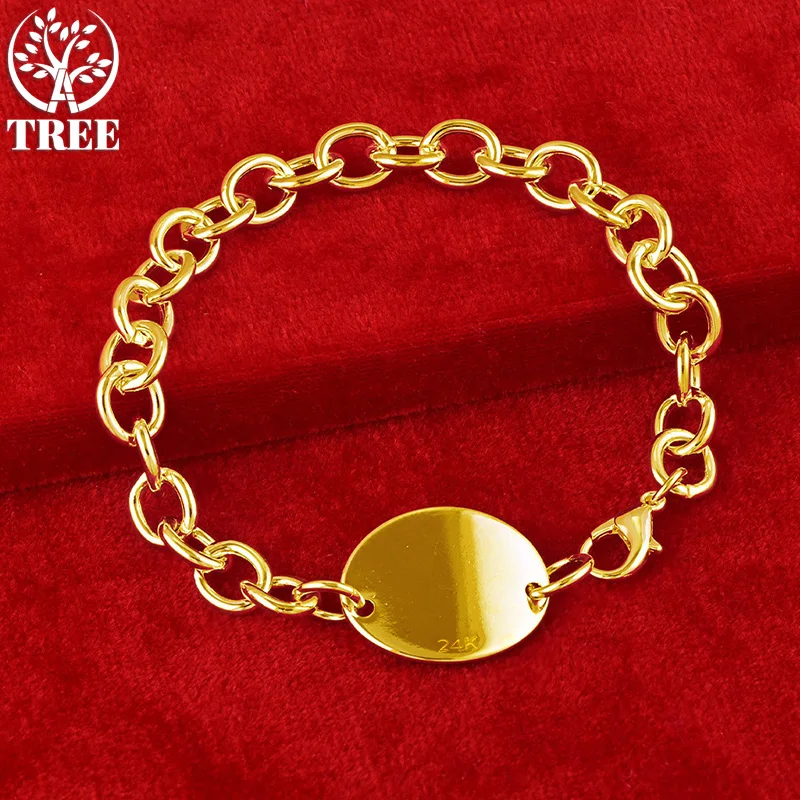 ALITREE 24K Yellow Gold Oval Tag Chain Bracelets For Woman Party Engagement Wedding Christmas Birthday Fashion Jewelry Gifts