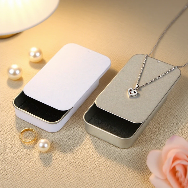 

Rectangular Tinplate Jewelry Storage Box for Rings Necklaces Stud Earring Small Accessories Travel Christmas Gift Packaging Case