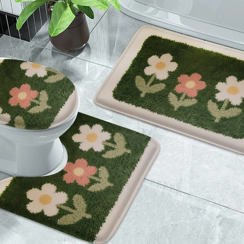 3pcs cute flower flannel bathroom floor mat toilet lid mat U-shaped bathroom floor mat shower room anti slip absorbent carpet