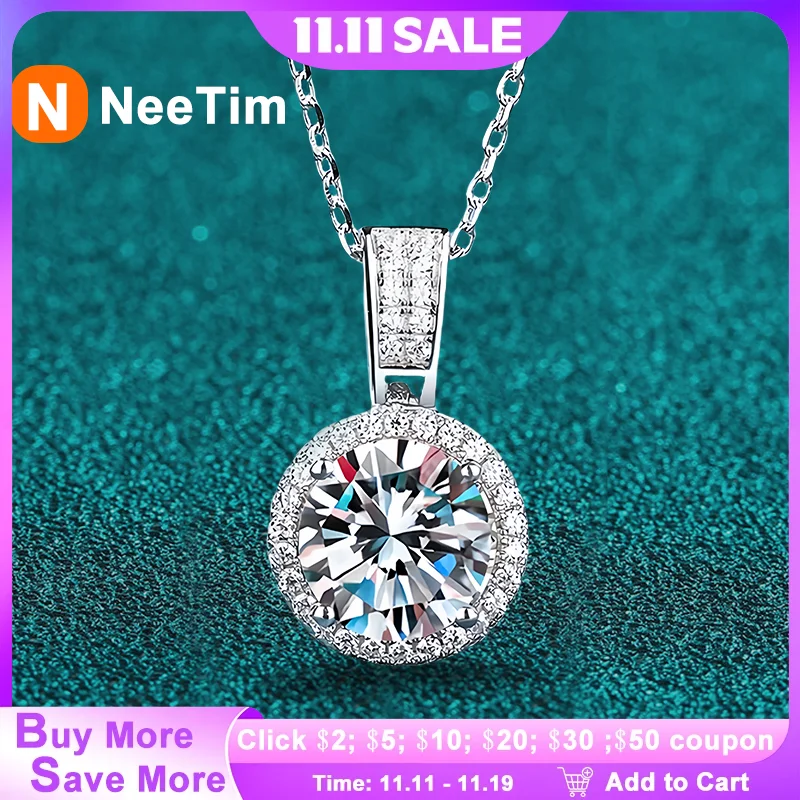 

NeeTim 2Carat Moissanite Necklace For Women 100% Sterling S925 Silver With White Gold Plated Lab Diamond Jewelry Wedding Pendant