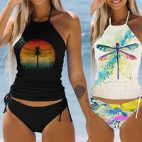 Traje de baño para mujer, conjunto de Tankini con cuello Halter lateral y cordón de coco, ropa de playa para verano, bonito traje de baño para mujer, Bikini Sexy