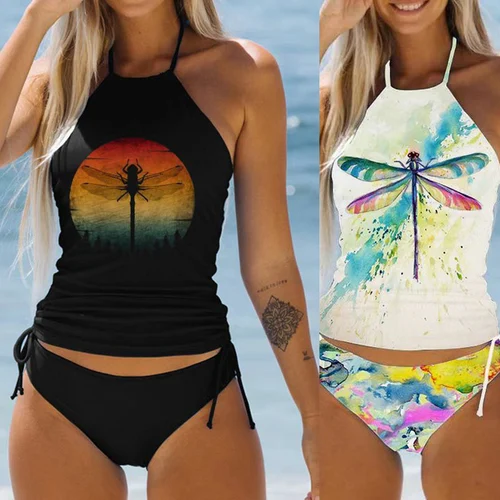Traje de baño para mujer, conjunto de Tankini con cuello Halter lateral y cordón de coco, ropa de playa para verano, bonito traje de baño para mujer, Bikini Sexy