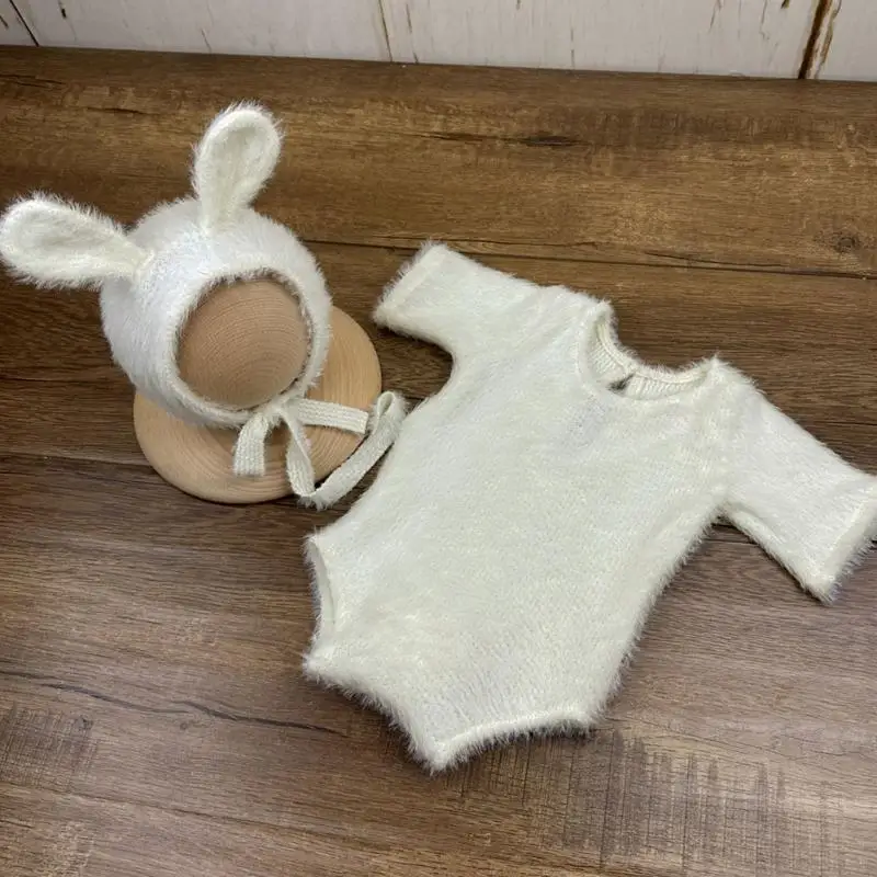 Q81A Baby Photo Costume Knitted Rabbits Jumpsuit and Hat Baby Photoshoots Photo Posing Outfit Newborn Photography Accessories