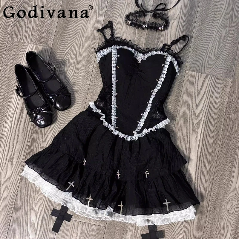 

Летний чистый стиль, комплект из двух предметов, женская черная кружевная верхняя одежда, топ с ремешком, пышная короткая юбка, комплект, женский костюм в стиле Лолиты с милой юбкой
