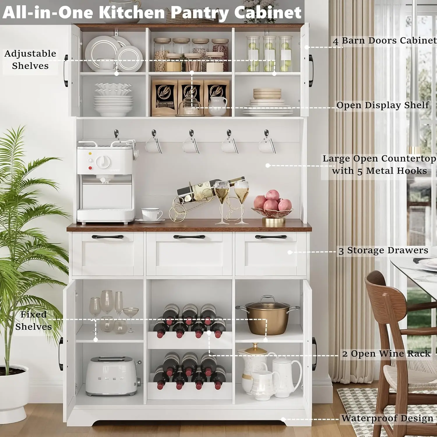 HIFIT 72" Tall Kitchen Pantry Storage Cabinet with 4 Barn Doors & Shelves & 3 Drawer, Large Farmhouse Kitchen Hutch with Bar